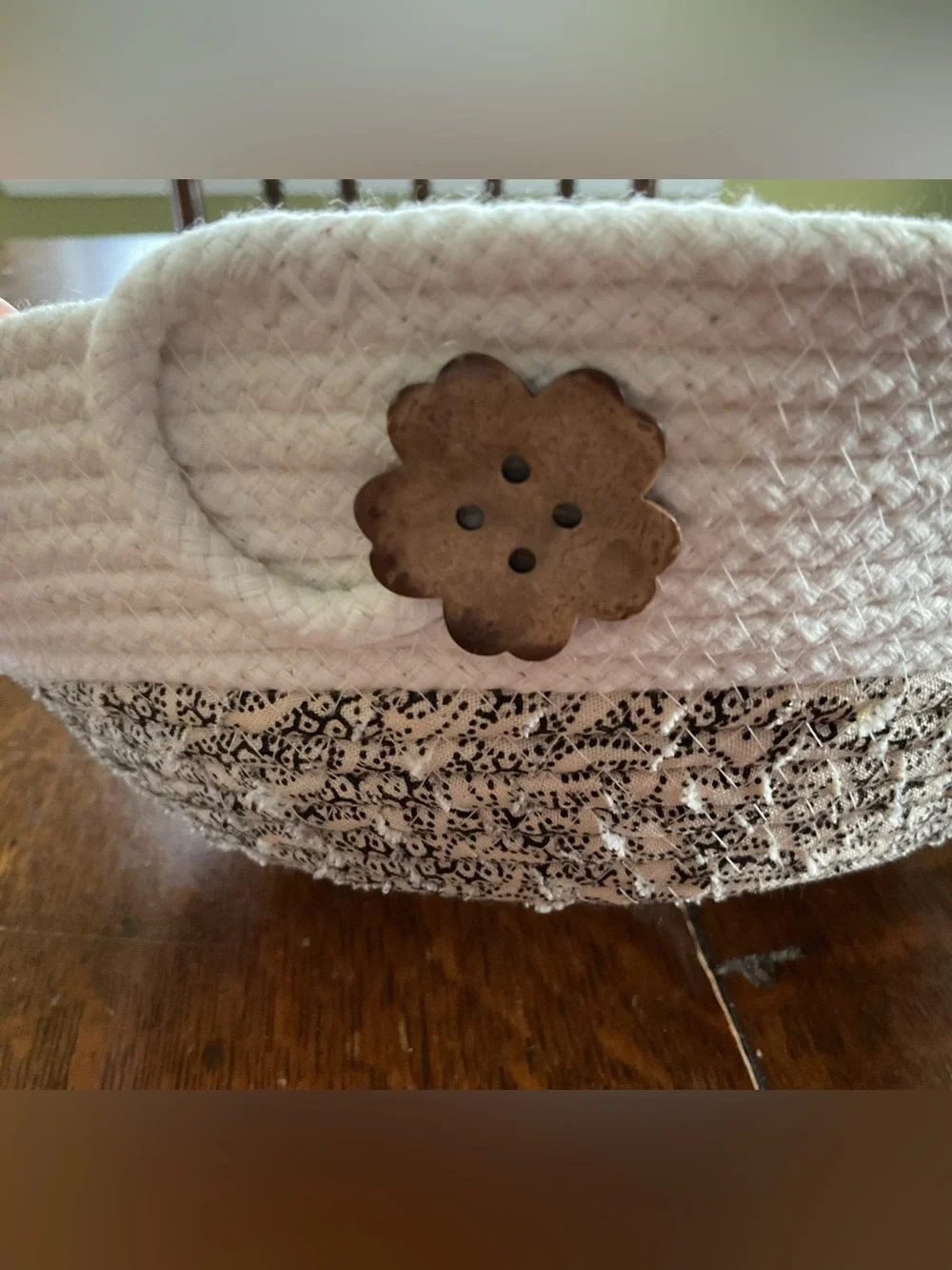 Handmade Coiled Cotton Rope & Fabric Wrapped Decorative Basket with Handles